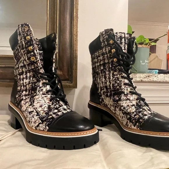 Tory Burch Black and Cream Lace Up Boots - Picture 2 of 4